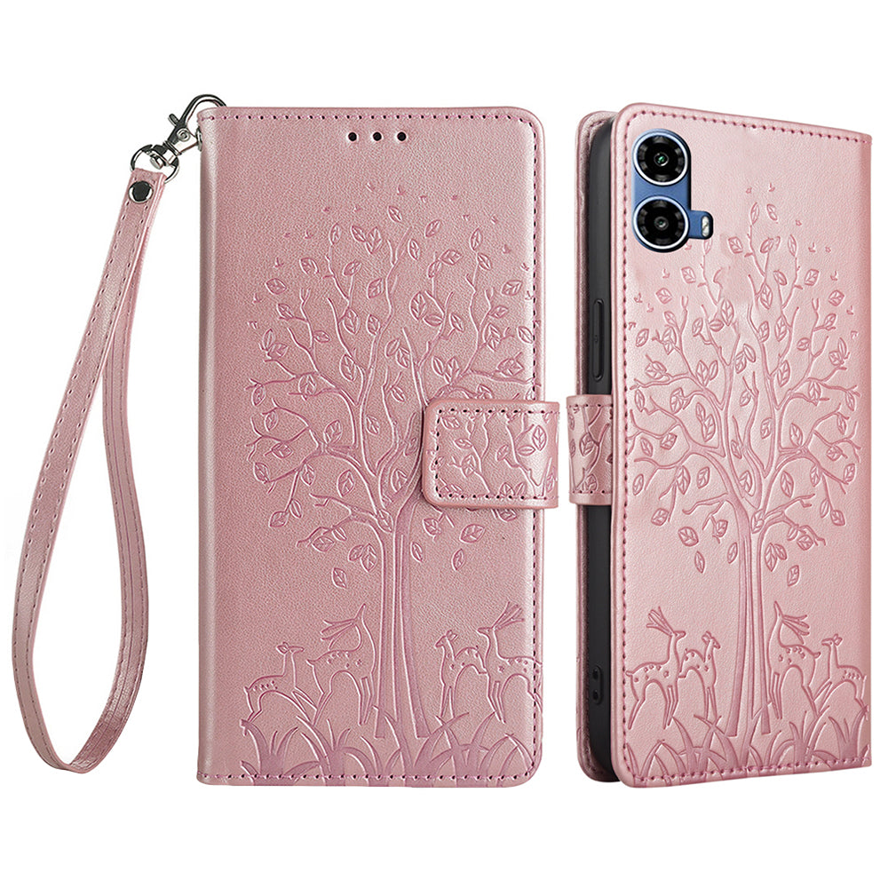 For Motorola Moto G34 5G Case Wallet Leather Phone Cover Imprinted Tree Pattern - Rose Gold