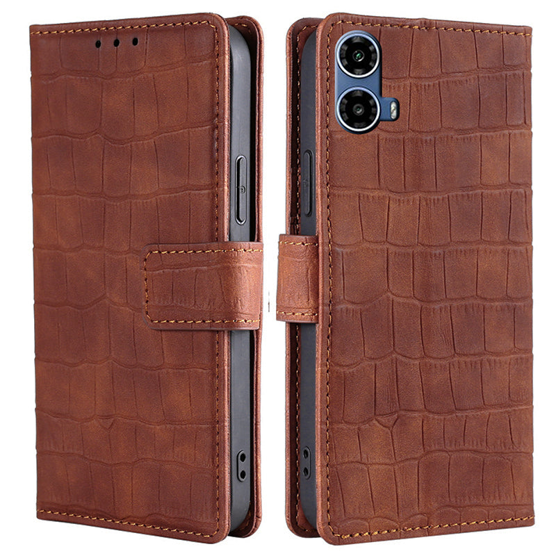For Motorola Moto G34 5G Case Crocodile Texture Wallet Scratch-proof Protective Cover - Brown