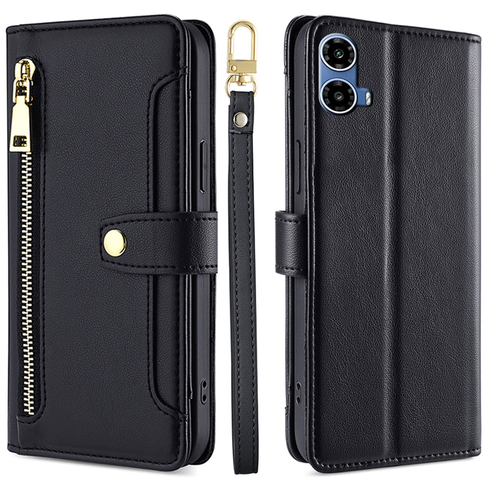 For Motorola Moto G34 5G Leather Case with Shoulder Strap Zipper Wallet Phone Cover - Black