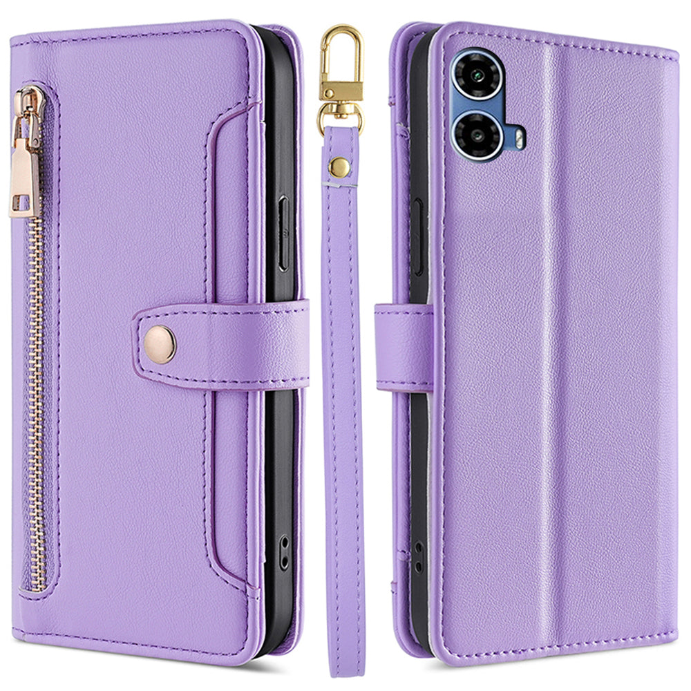 For Motorola Moto G34 5G Leather Case with Shoulder Strap Zipper Wallet Phone Cover - Purple