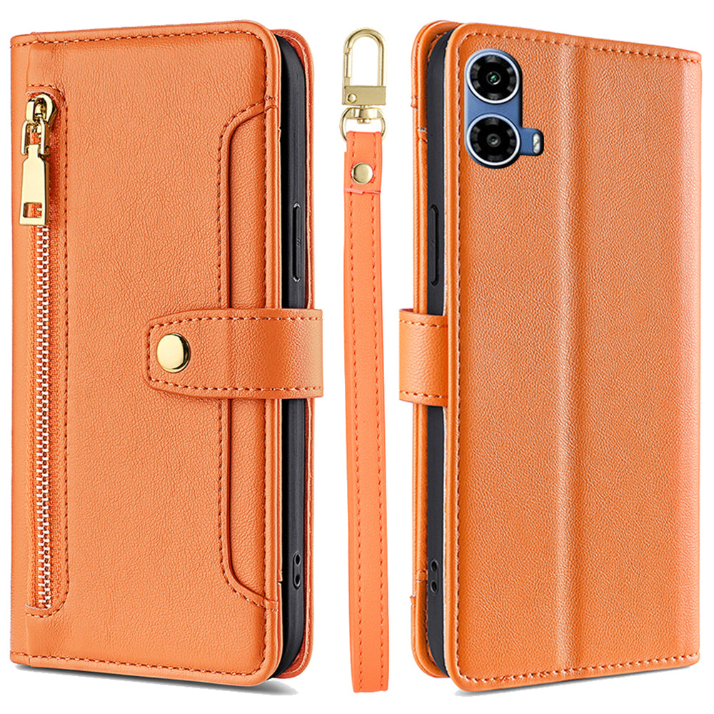 For Motorola Moto G34 5G Leather Case with Shoulder Strap Zipper Wallet Phone Cover - Orange