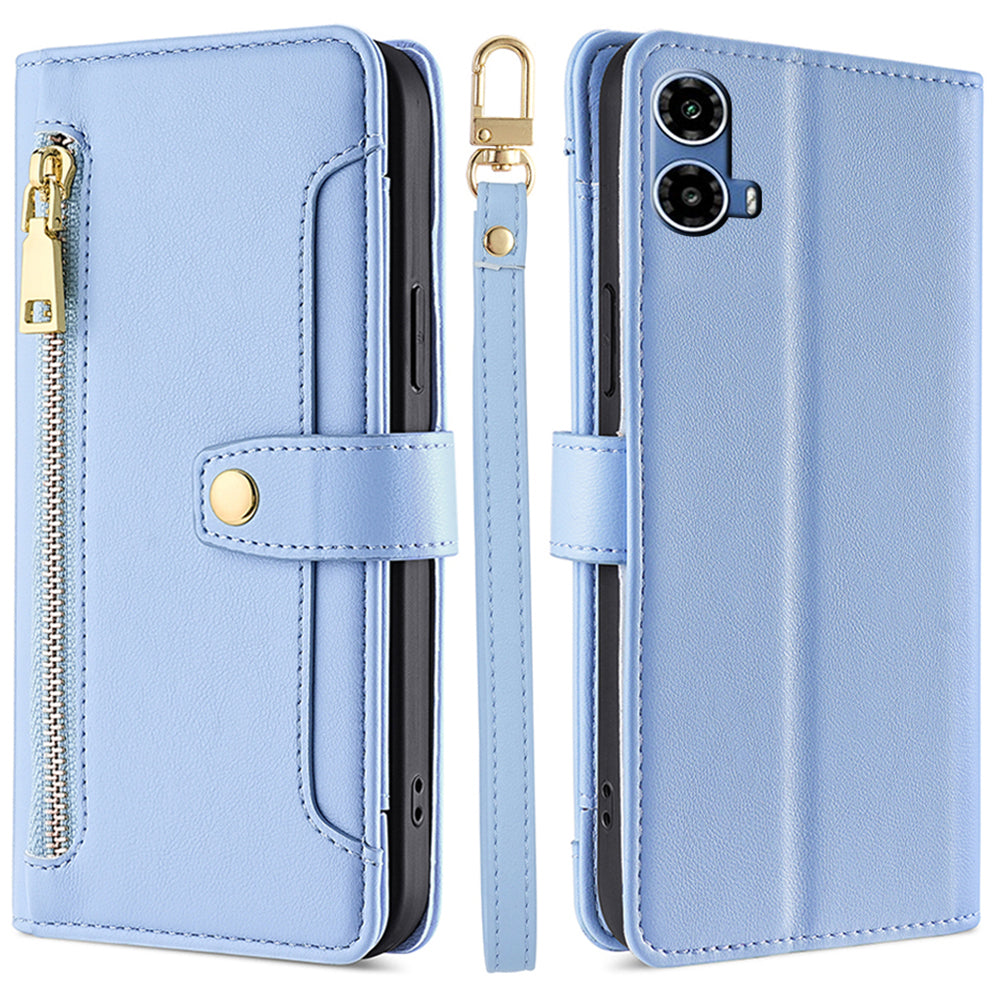 For Motorola Moto G34 5G Leather Case with Shoulder Strap Zipper Wallet Phone Cover - Blue