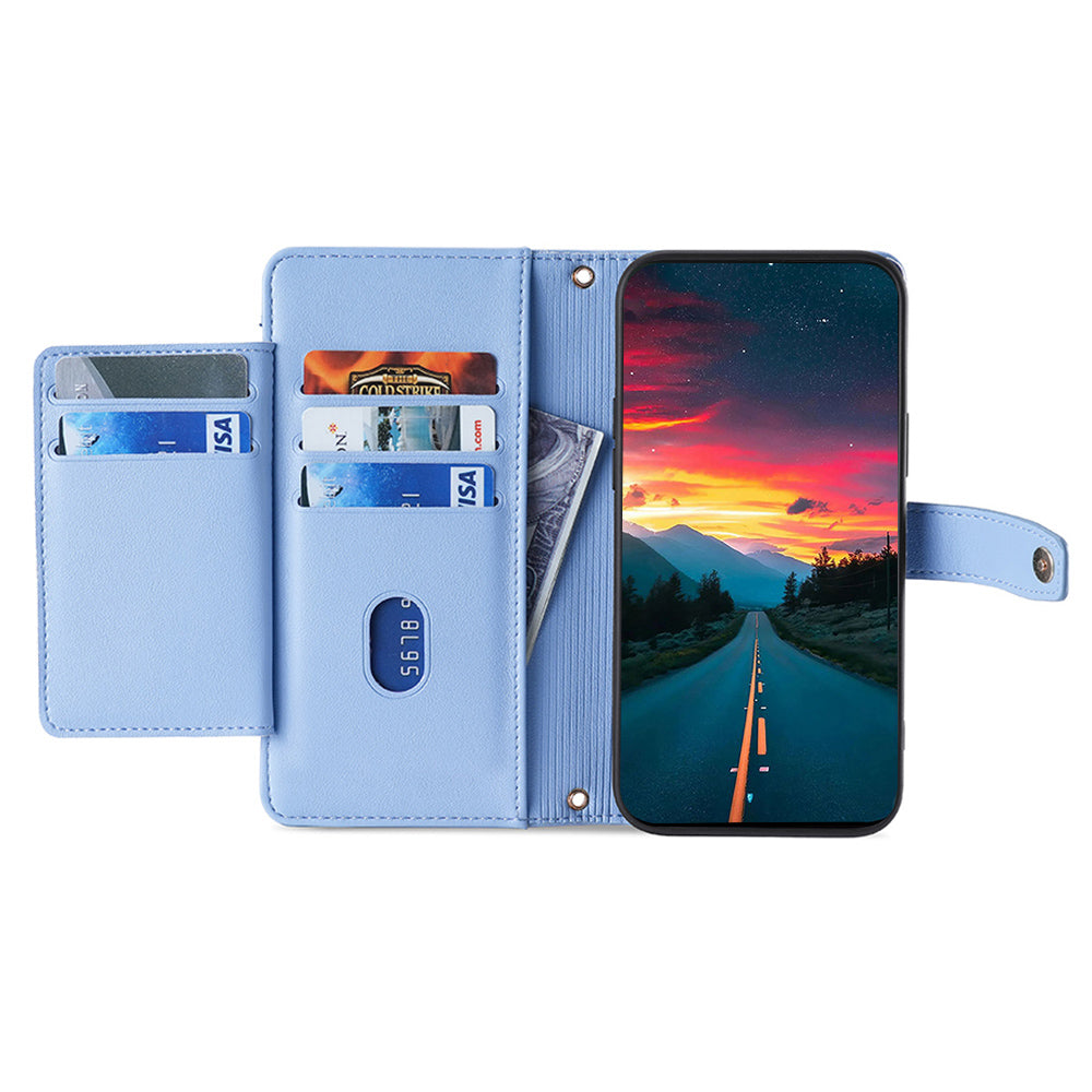 For Motorola Moto G34 5G Leather Case with Shoulder Strap Zipper Wallet Phone Cover - Blue