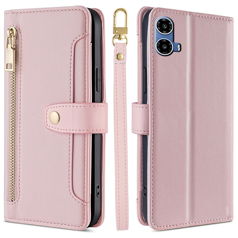 For Motorola Moto G34 5G Leather Case with Shoulder Strap Zipper Wallet Phone Cover - Pink