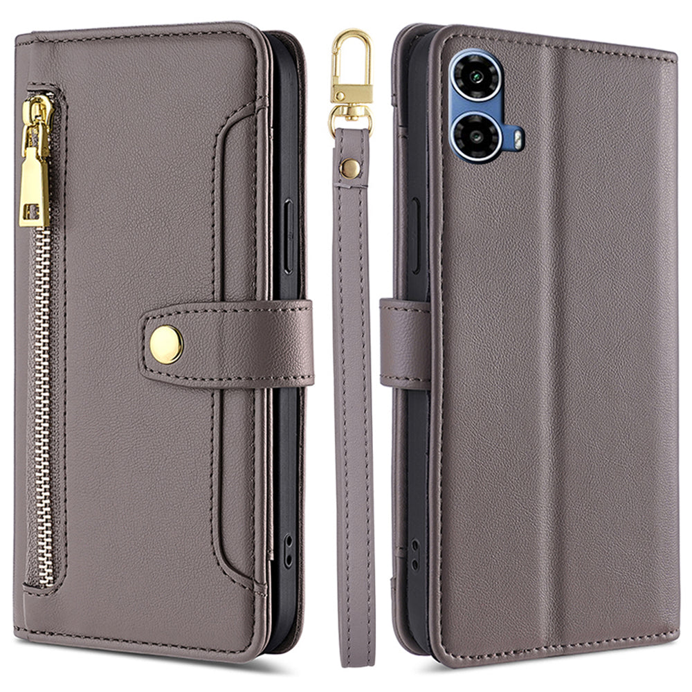 For Motorola Moto G34 5G Leather Case with Shoulder Strap Zipper Wallet Phone Cover - Grey