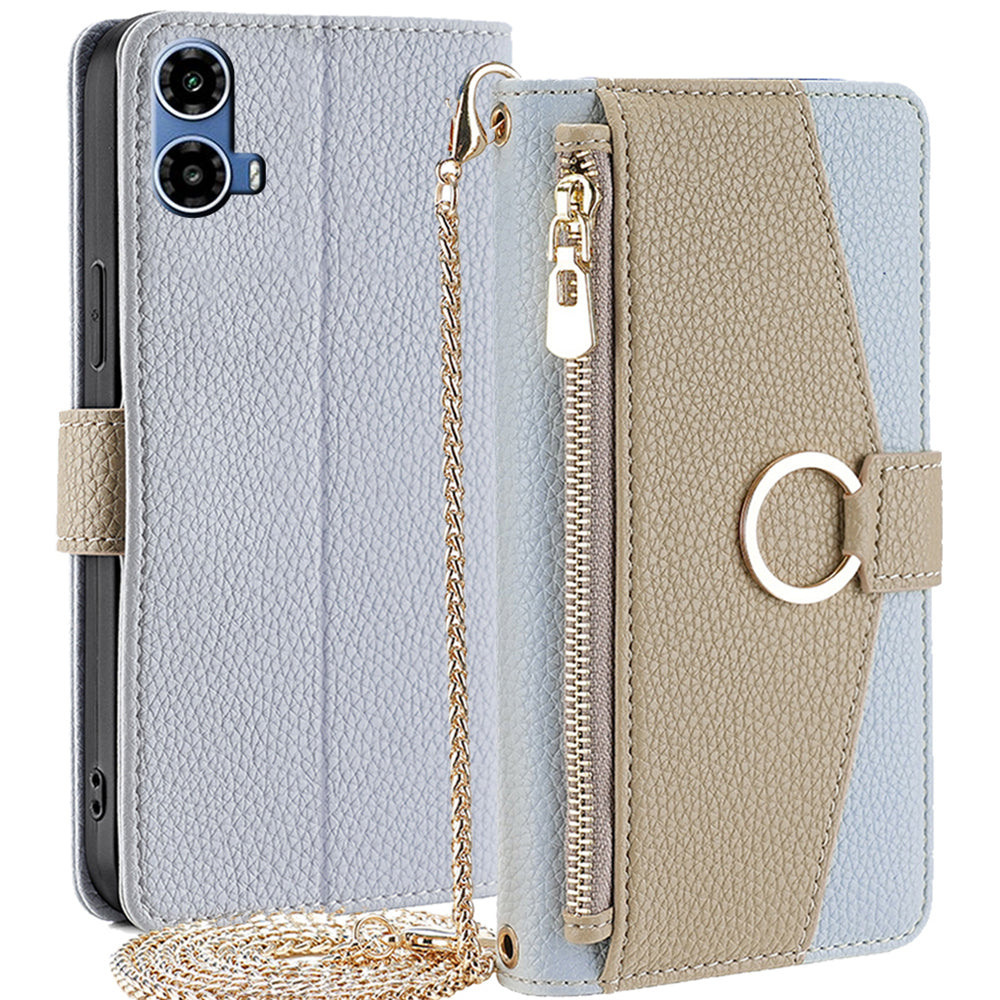 For Motorola Moto G34 5G Case Mirror Zipper Wallet Crossbody Leather Phone Cover - Blue