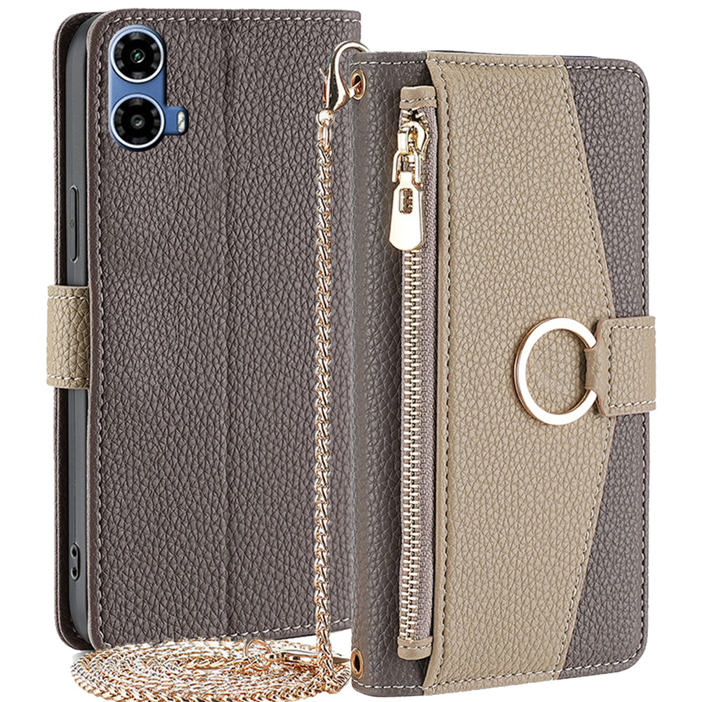 For Motorola Moto G34 5G Case Mirror Zipper Wallet Crossbody Leather Phone Cover - Grey