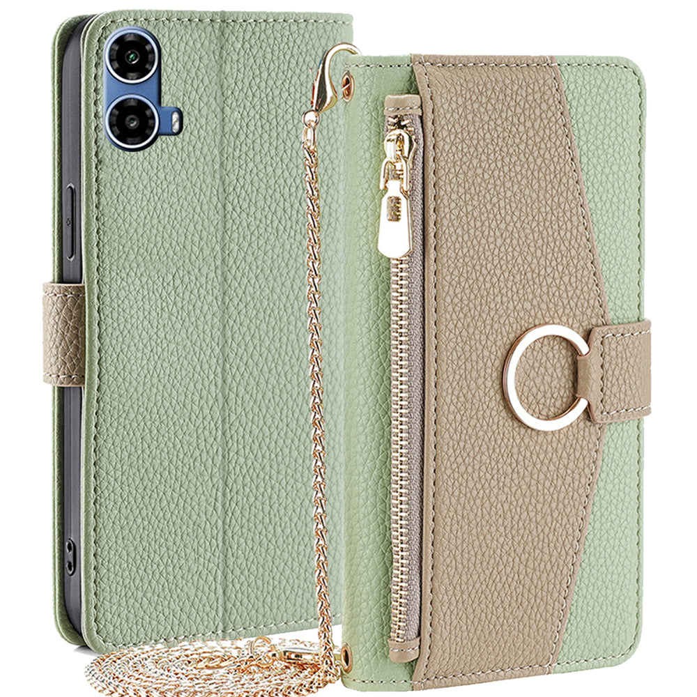 For Motorola Moto G34 5G Case Mirror Zipper Wallet Crossbody Leather Phone Cover - Green