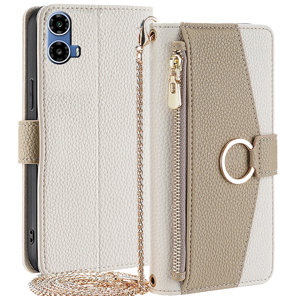 For Motorola Moto G34 5G Case Mirror Zipper Wallet Crossbody Leather Phone Cover - White