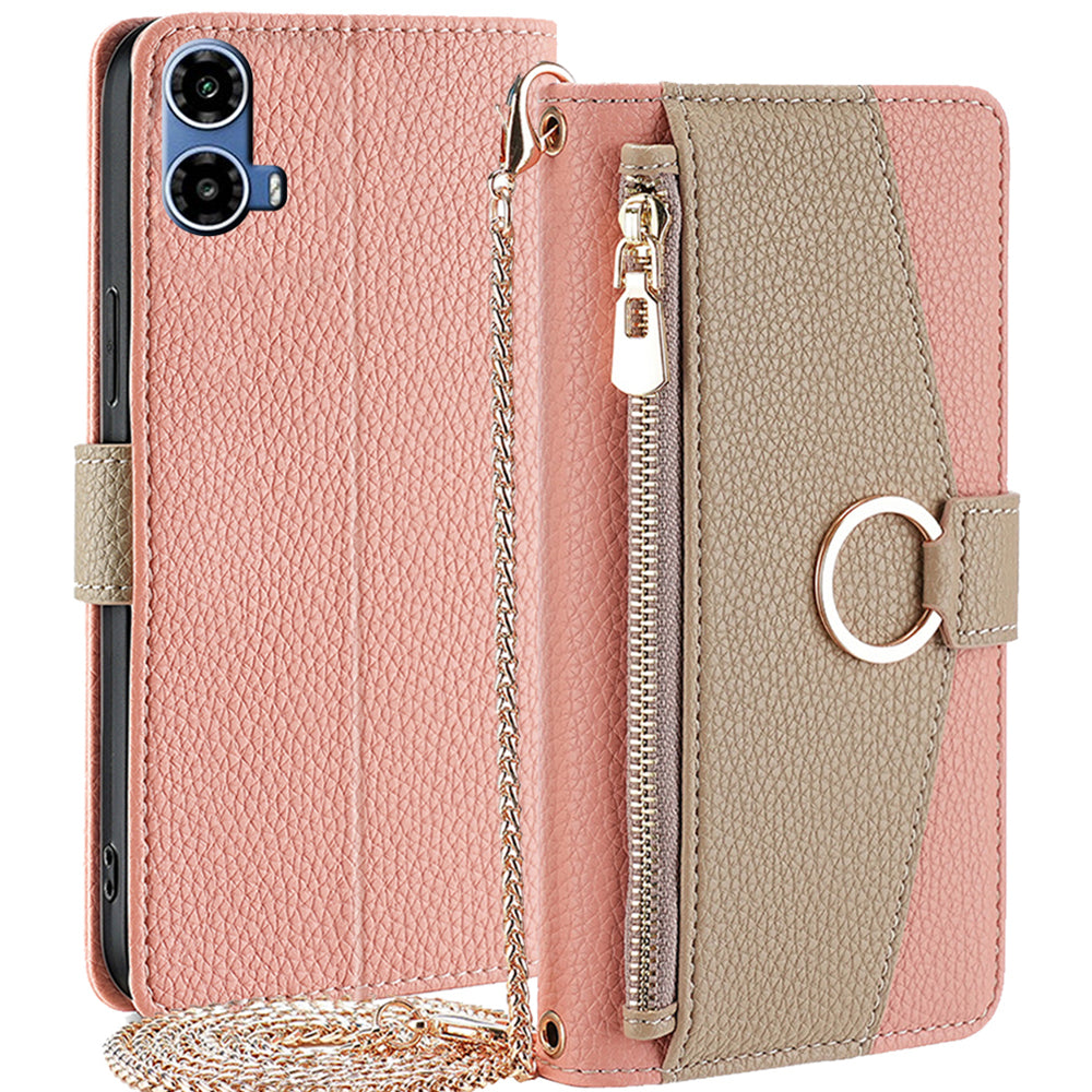 For Motorola Moto G34 5G Case Mirror Zipper Wallet Crossbody Leather Phone Cover - Pink
