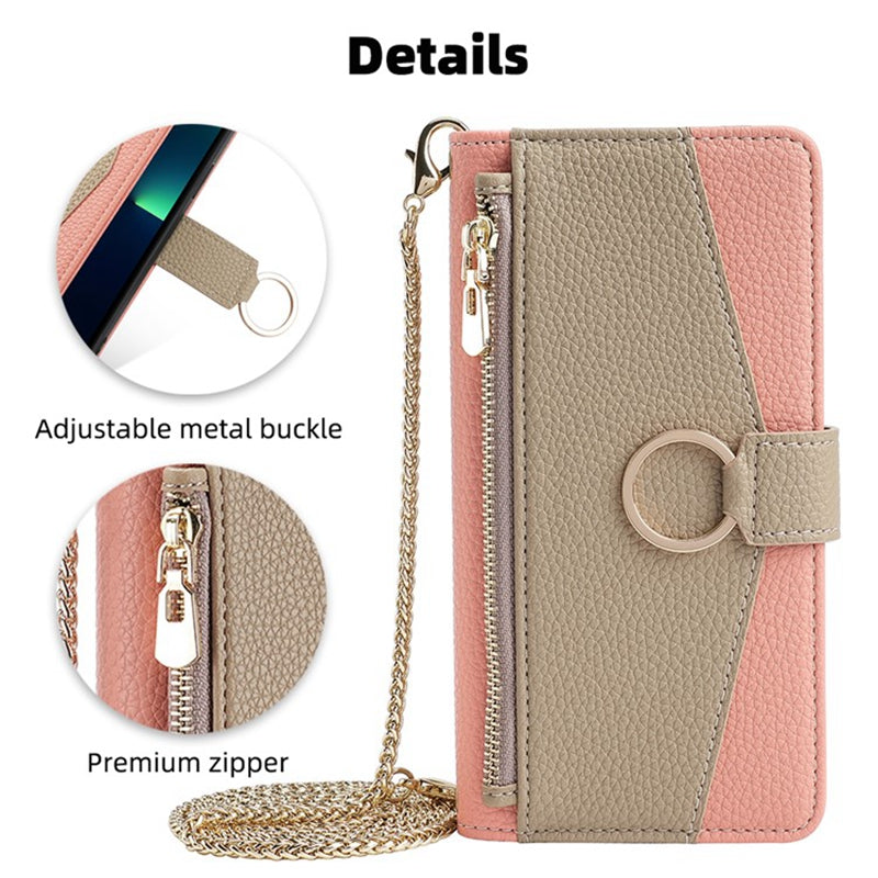For Motorola Moto G34 5G Case Mirror Zipper Wallet Crossbody Leather Phone Cover - Pink