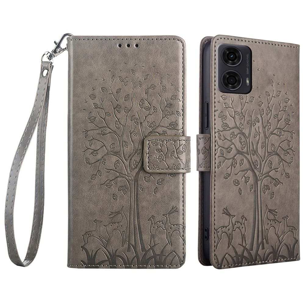 For Motorola Moto G24 4G / G04 4G Case Tree Pattern Leather Phone Wallet Cover - Grey