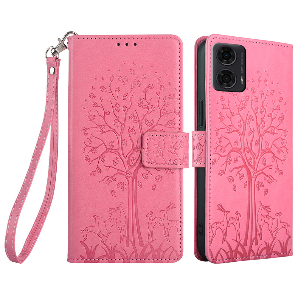 For Motorola Moto G24 4G / G04 4G Case Tree Pattern Leather Phone Wallet Cover - Pink