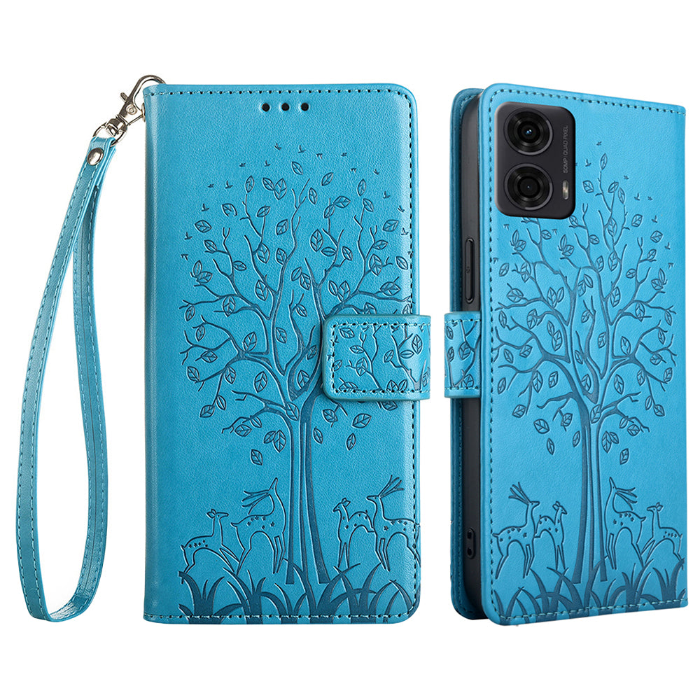 For Motorola Moto G24 4G / G04 4G Case Tree Pattern Leather Phone Wallet Cover - Blue