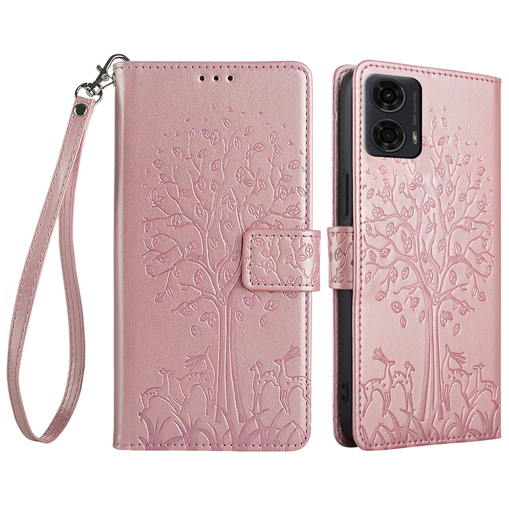 For Motorola Moto G24 4G / G04 4G Case Tree Pattern Leather Phone Wallet Cover - Rose Gold