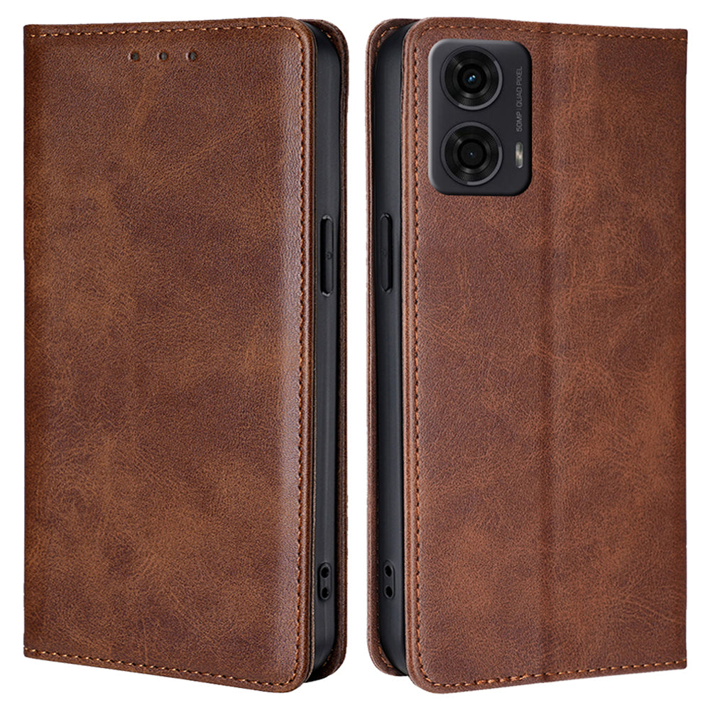 For Motorola Moto G24 4G / G04 4G Wallet Case Magnetic Closure Anti-Drop Leather Phone Cover - Brown