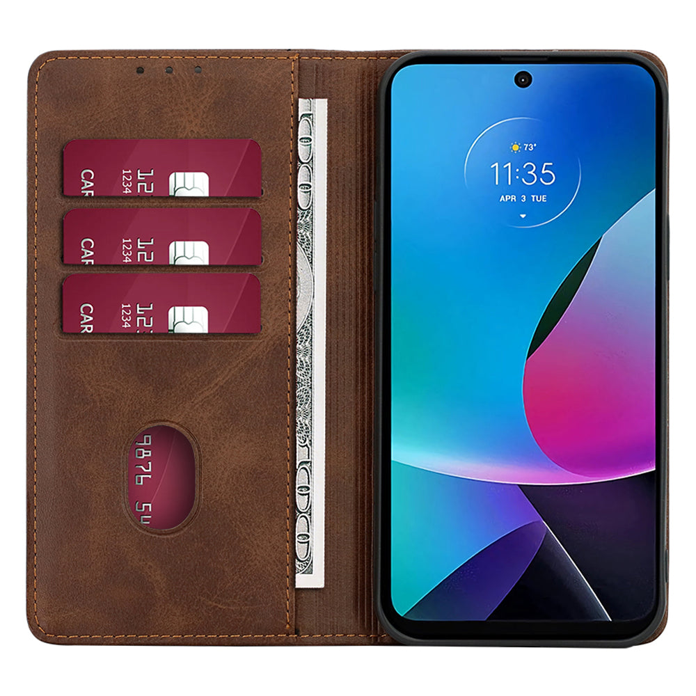 For Motorola Moto G24 4G / G04 4G Wallet Case Magnetic Closure Anti-Drop Leather Phone Cover - Brown