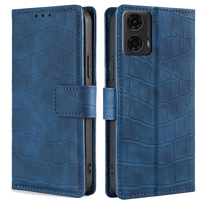 For Motorola Moto G24 4G Phone Case Crocodile Texture PU Leather Cover with Magnetic Clasp - Blue
