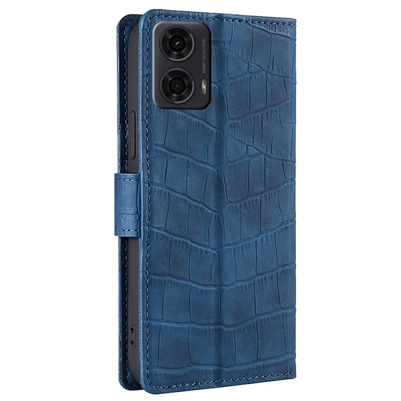 For Motorola Moto G24 4G Phone Case Crocodile Texture PU Leather Cover with Magnetic Clasp - Blue