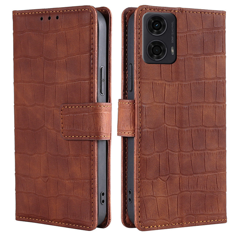 For Motorola Moto G24 4G Phone Case Crocodile Texture PU Leather Cover with Magnetic Clasp - Brown