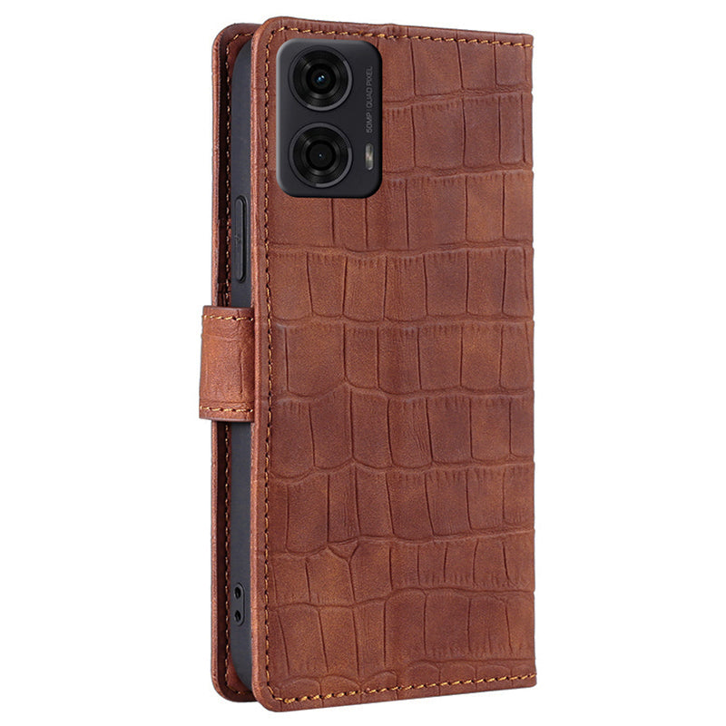 For Motorola Moto G24 4G Phone Case Crocodile Texture PU Leather Cover with Magnetic Clasp - Brown