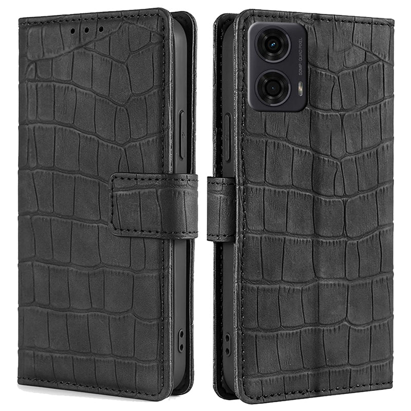 For Motorola Moto G24 4G Phone Case Crocodile Texture PU Leather Cover with Magnetic Clasp - Black