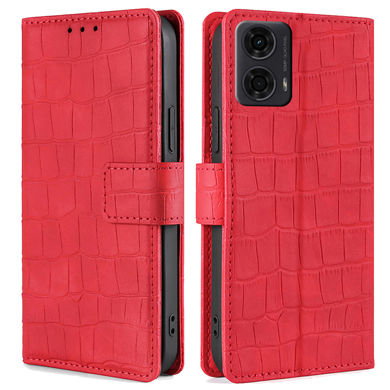 For Motorola Moto G24 4G Phone Case Crocodile Texture PU Leather Cover with Magnetic Clasp - Red