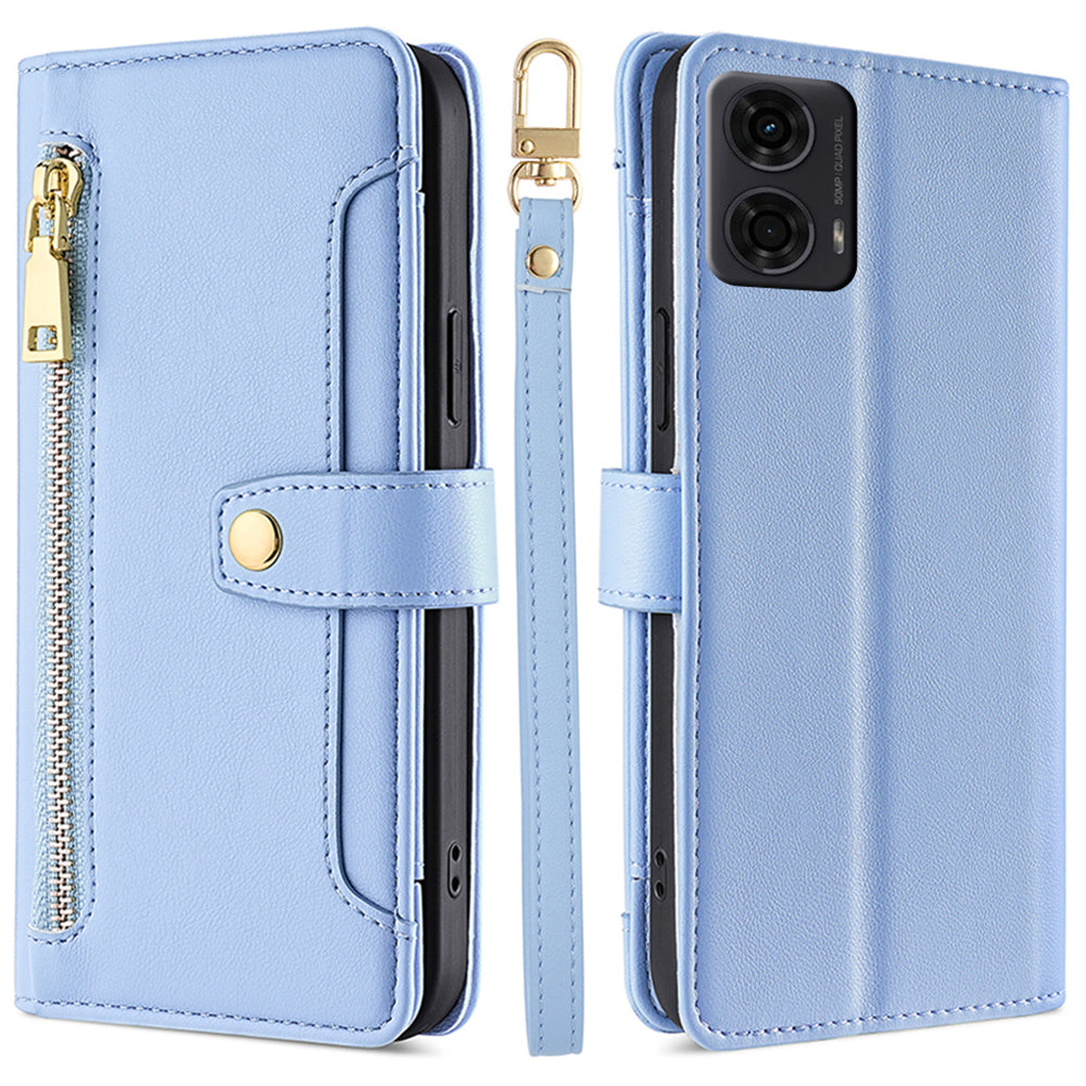 For Motorola Moto G24 4G / G04 4G Leather Case Zipper Wallet Phone Cover with Shoulder Strap - Blue