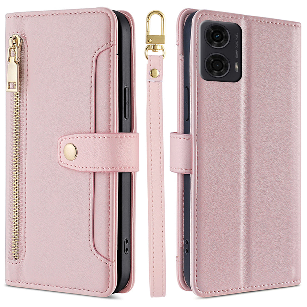 For Motorola Moto G24 4G / G04 4G Leather Case Zipper Wallet Phone Cover with Shoulder Strap - Pink