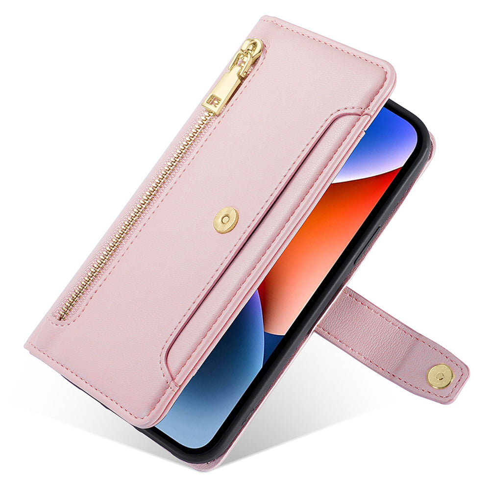 For Motorola Moto G24 4G / G04 4G Leather Case Zipper Wallet Phone Cover with Shoulder Strap - Pink