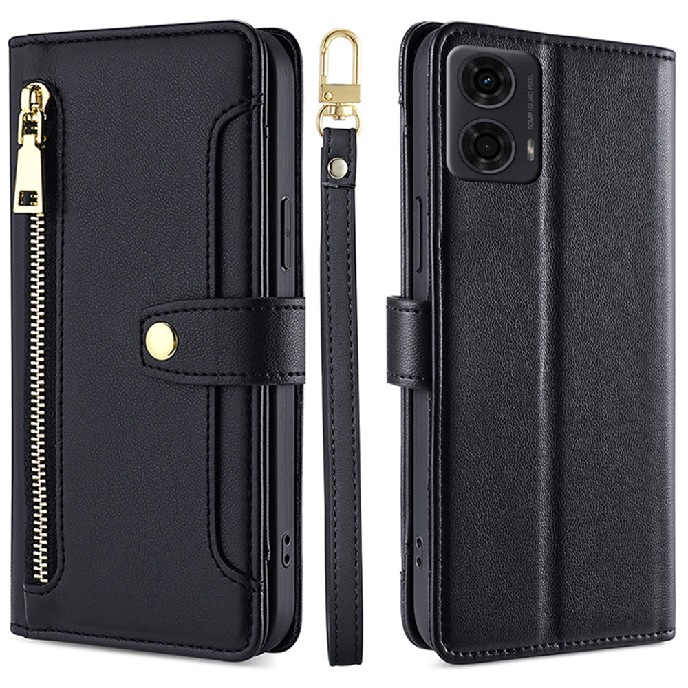For Motorola Moto G24 4G / G04 4G Leather Case Zipper Wallet Phone Cover with Shoulder Strap - Black