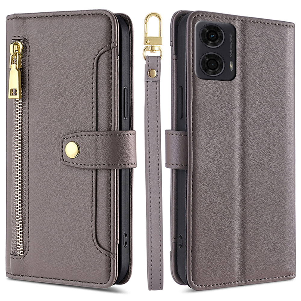 For Motorola Moto G24 4G / G04 4G Leather Case Zipper Wallet Phone Cover with Shoulder Strap - Grey