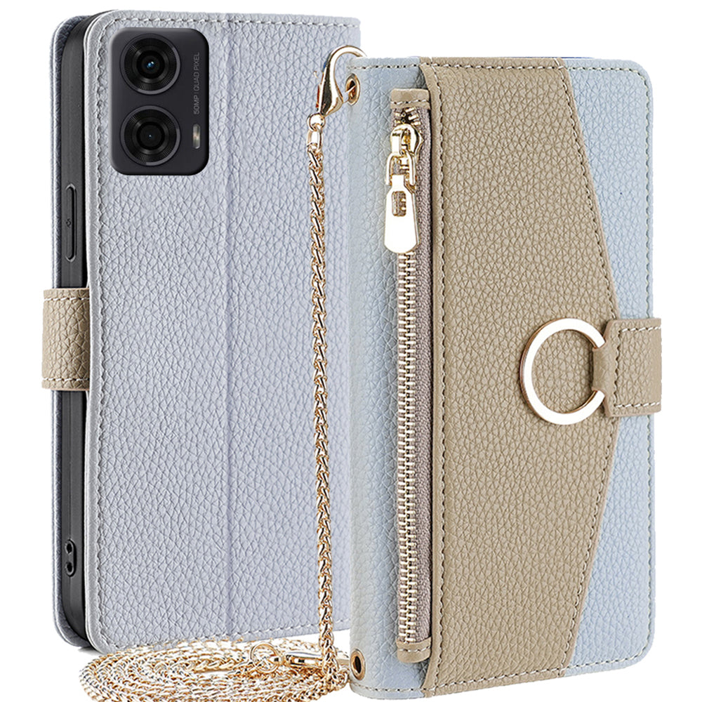 For Motorola Moto G24 4G Case Zipper Wallet Leather Phone Cover with Mirror Design - Blue