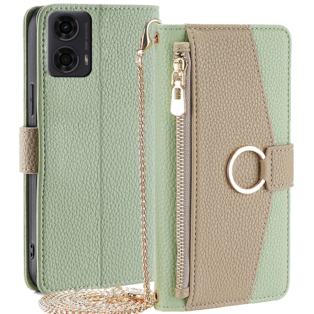 For Motorola Moto G24 4G Case Zipper Wallet Leather Phone Cover with Mirror Design - Green