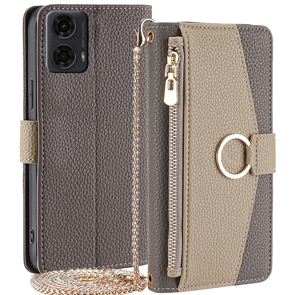For Motorola Moto G24 4G Case Zipper Wallet Leather Phone Cover with Mirror Design - Grey