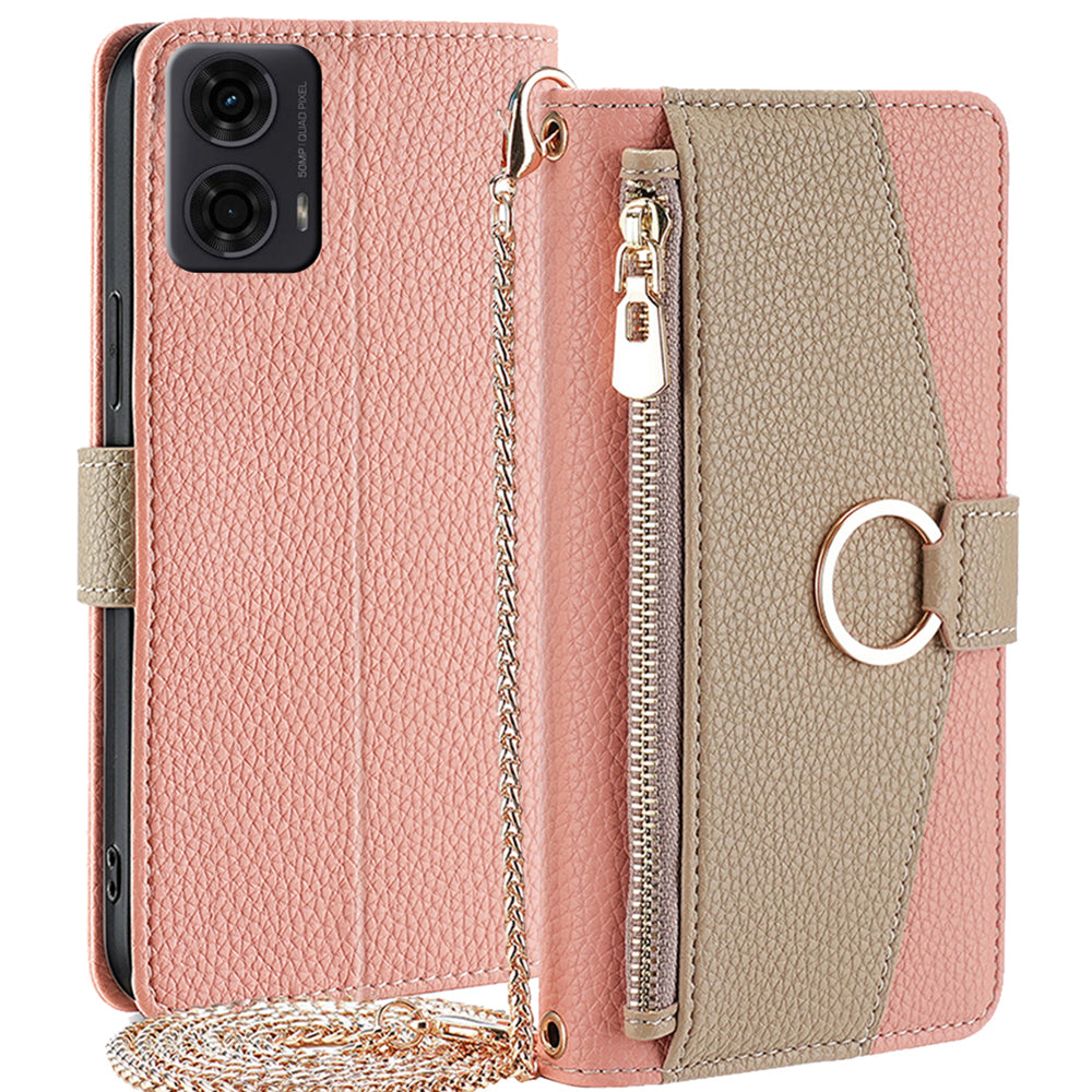 For Motorola Moto G24 4G Case Zipper Wallet Leather Phone Cover with Mirror Design - Pink