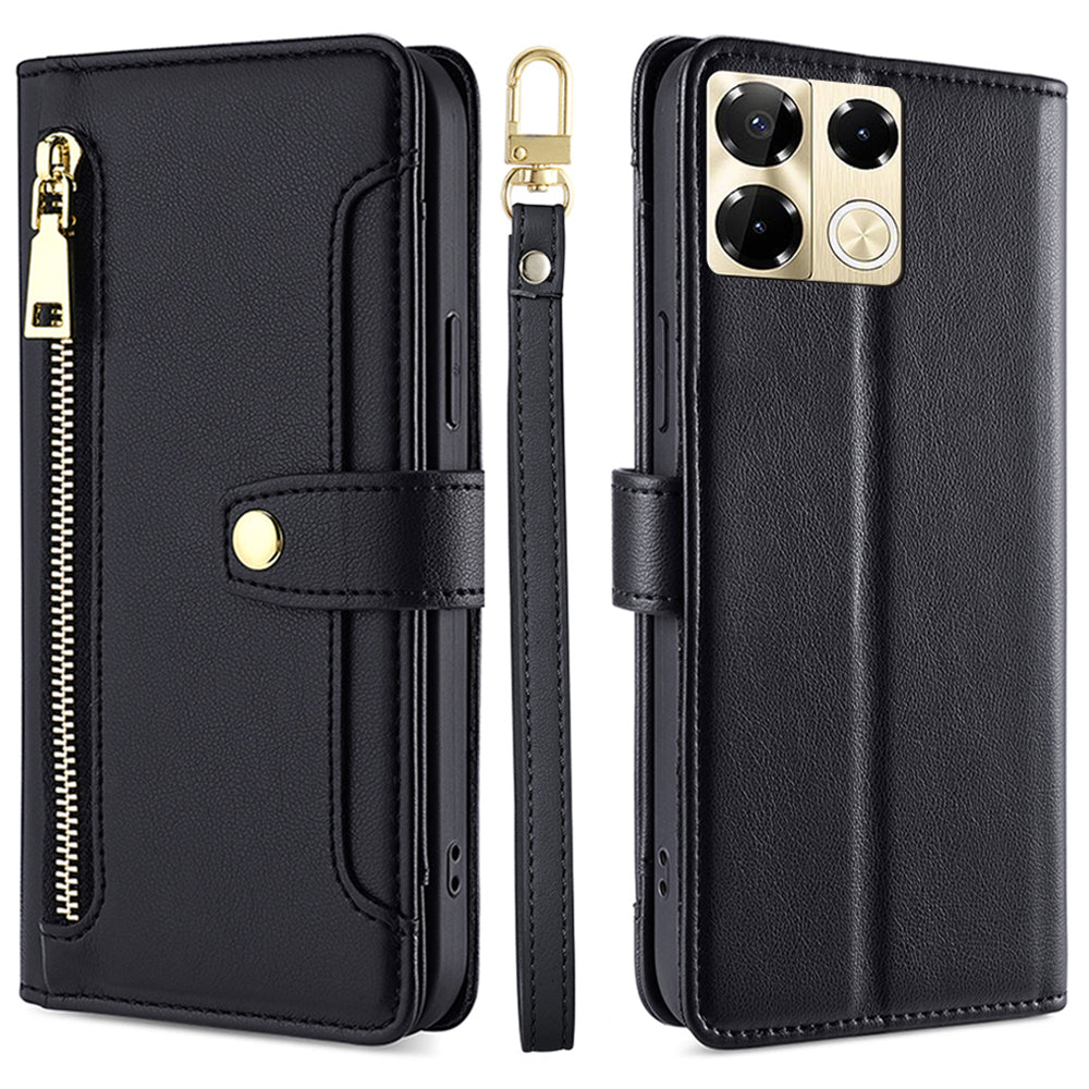 For Transsion Infinix Note 40 Pro 5G Zipper Wallet Case Leather Phone Cover with Shoulder Strap - Black