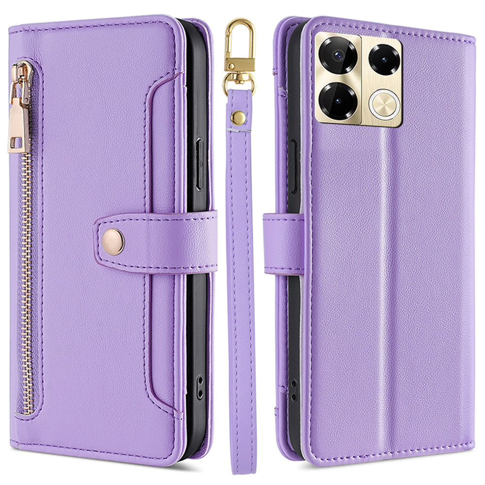 For Transsion Infinix Note 40 Pro 5G Zipper Wallet Case Leather Phone Cover with Shoulder Strap - Purple