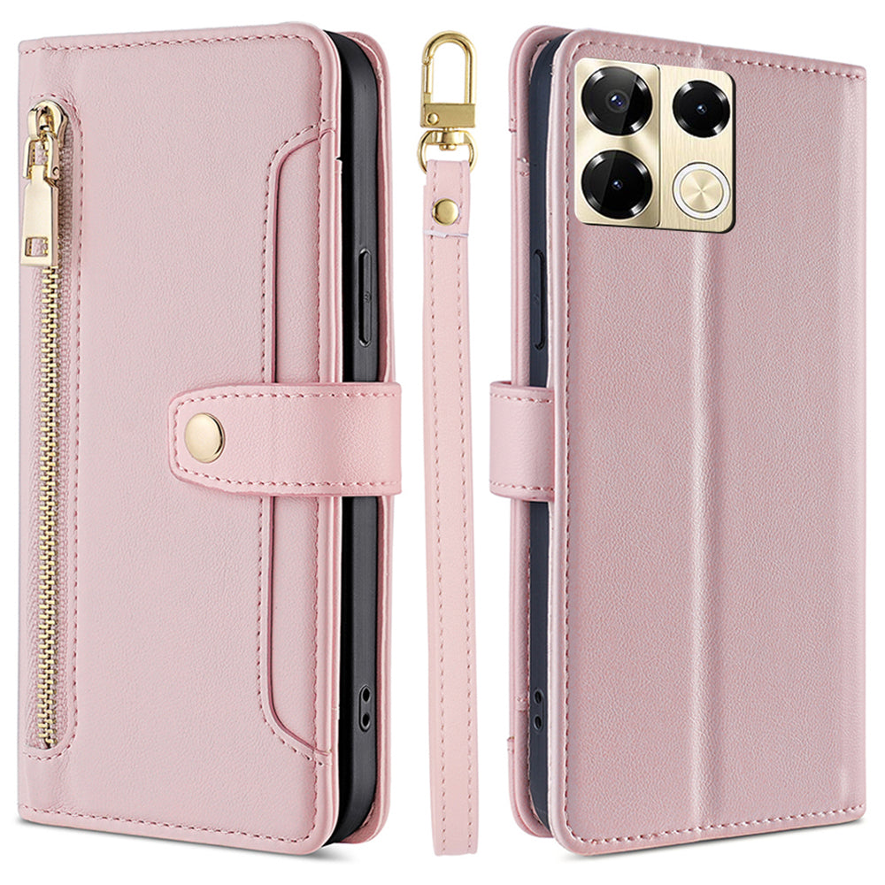 For Transsion Infinix Note 40 Pro 5G Zipper Wallet Case Leather Phone Cover with Shoulder Strap - Pink