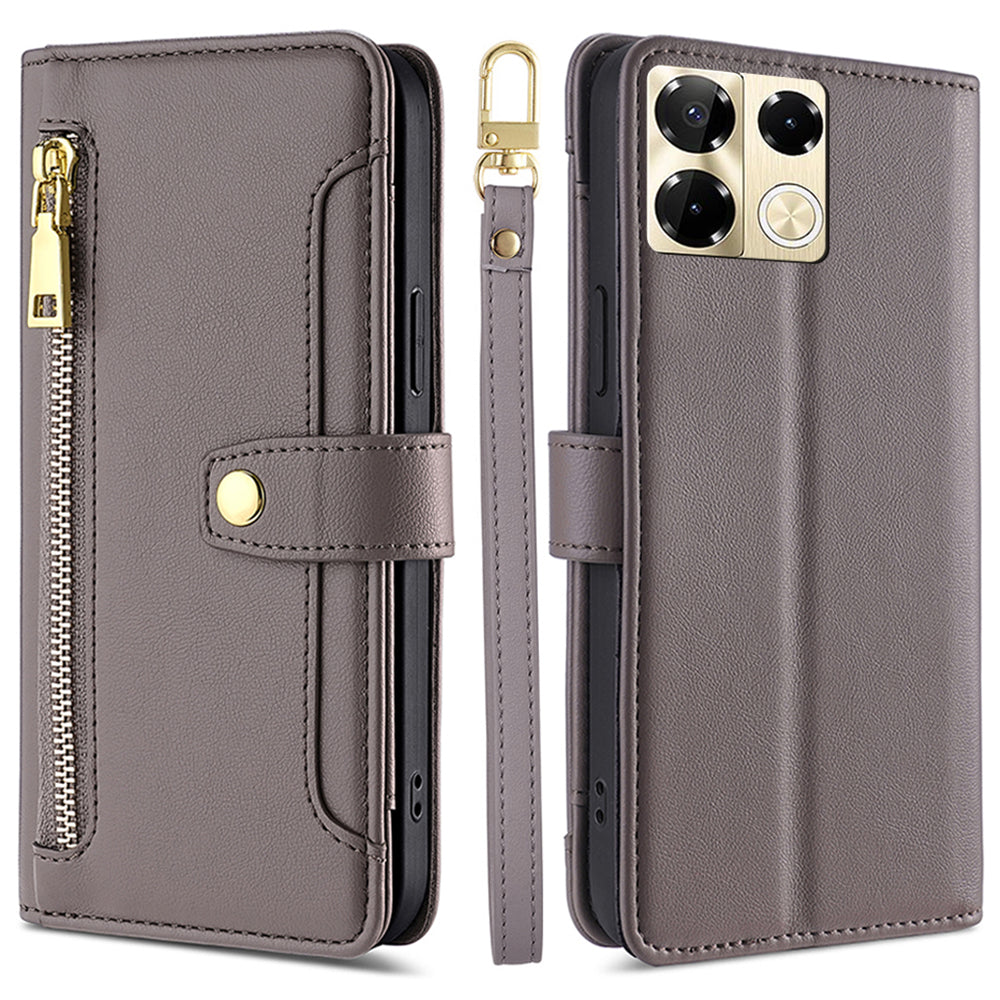 For Transsion Infinix Note 40 Pro 5G Zipper Wallet Case Leather Phone Cover with Shoulder Strap - Grey