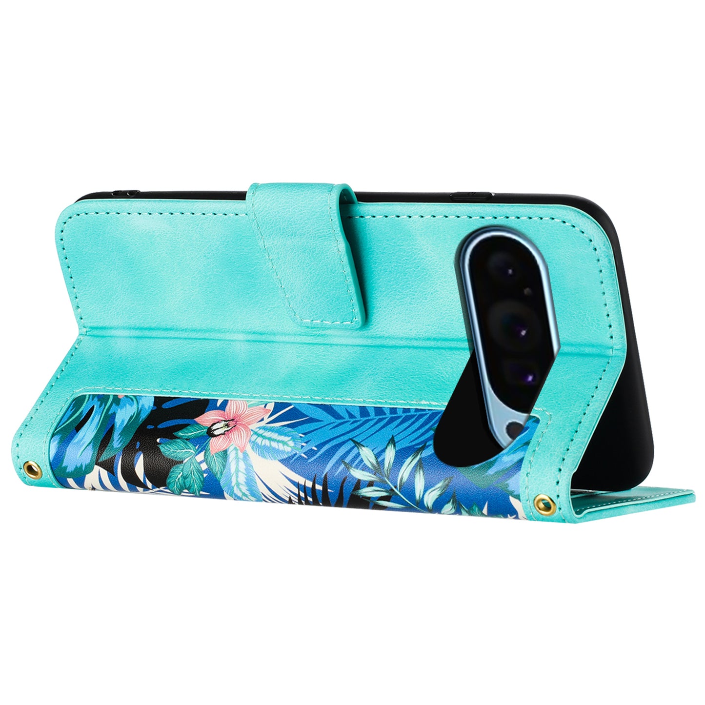 For Google Pixel 9 Phone Cover Flower Pattern PU Leather Case with Card Holder and Stand - Green