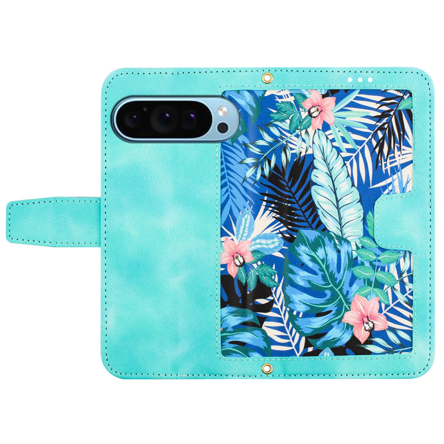 For Google Pixel 9 Phone Cover Flower Pattern PU Leather Case with Card Holder and Stand - Green