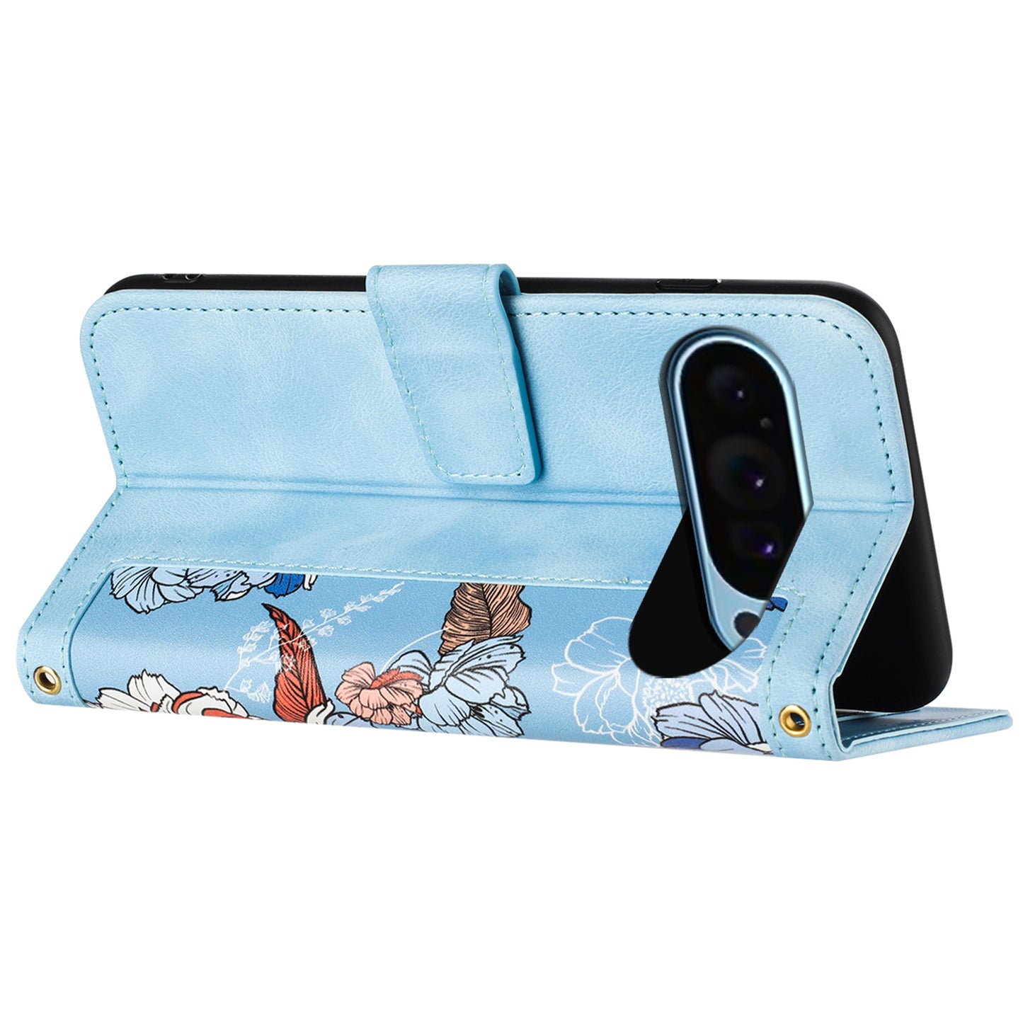 For Google Pixel 9 Phone Cover Flower Pattern PU Leather Case with Card Holder and Stand - Baby Blue