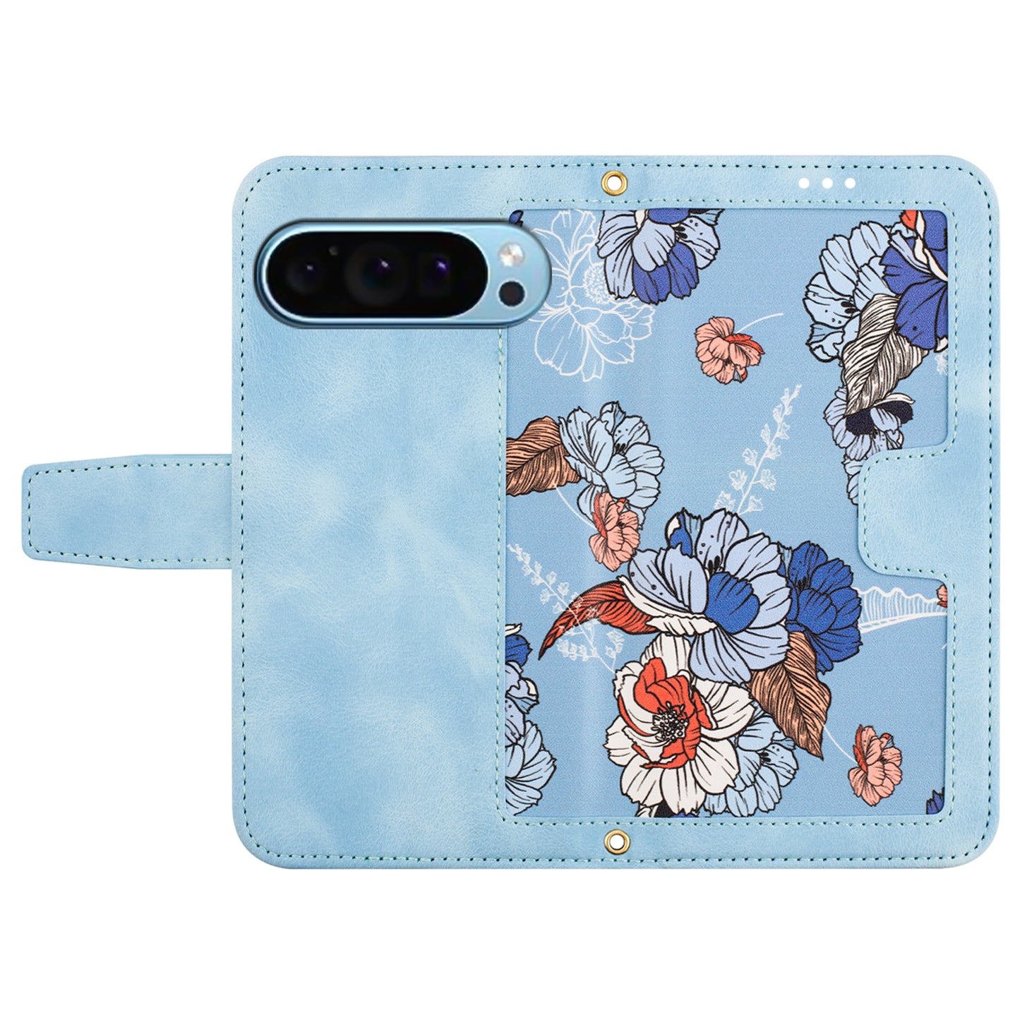 For Google Pixel 9 Phone Cover Flower Pattern PU Leather Case with Card Holder and Stand - Baby Blue