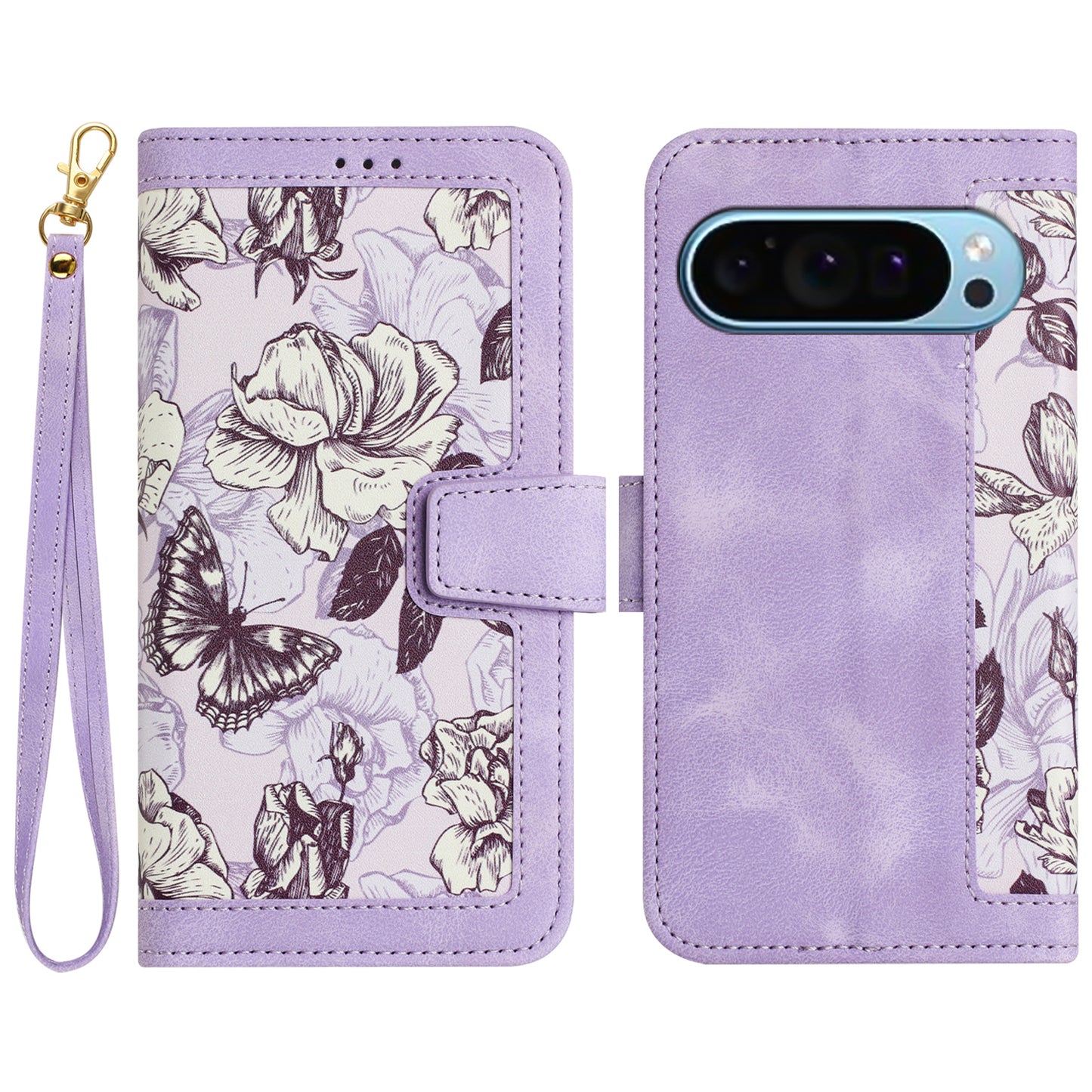 For Google Pixel 9 Phone Cover Flower Pattern PU Leather Case with Card Holder and Stand - Light Purple