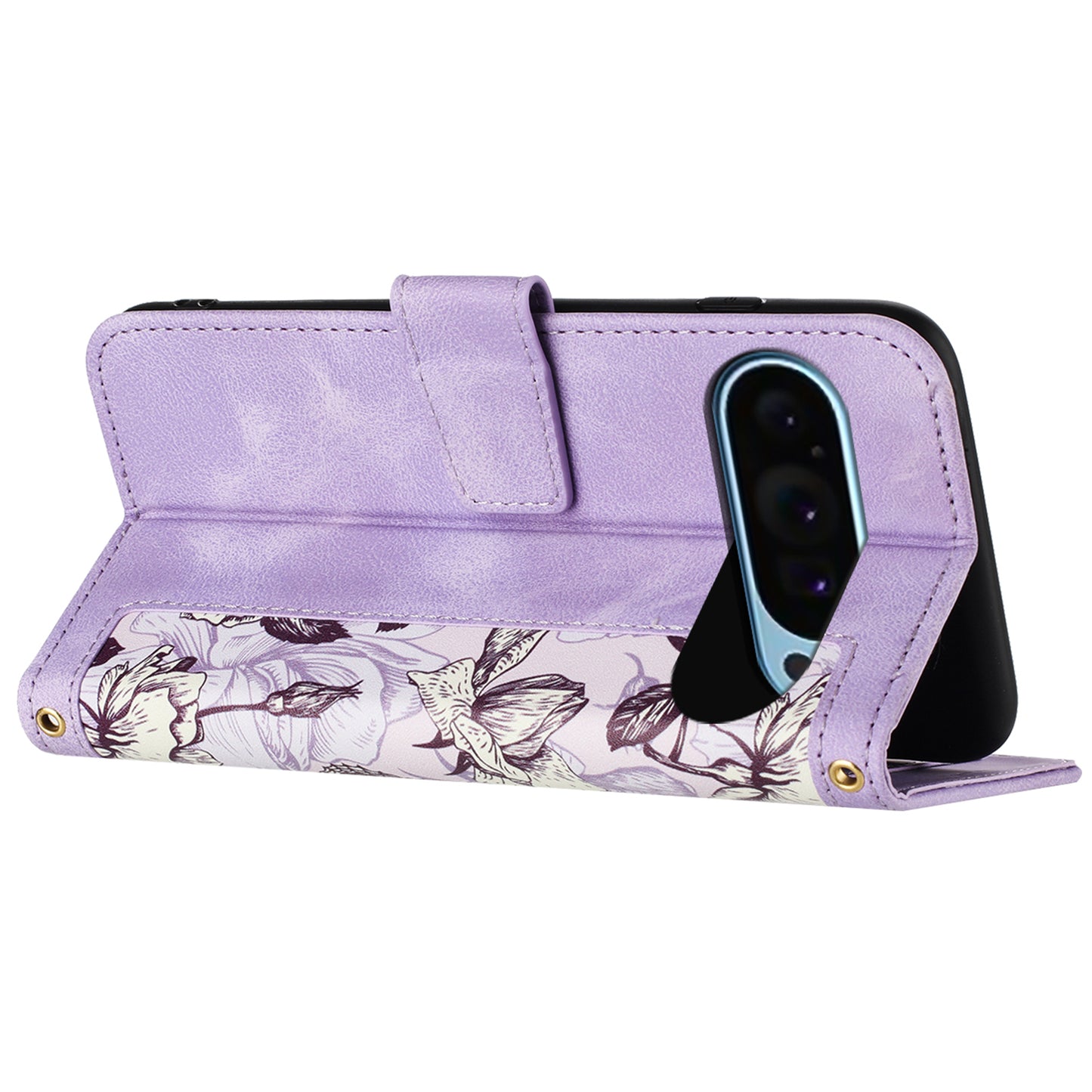 For Google Pixel 9 Phone Cover Flower Pattern PU Leather Case with Card Holder and Stand - Light Purple