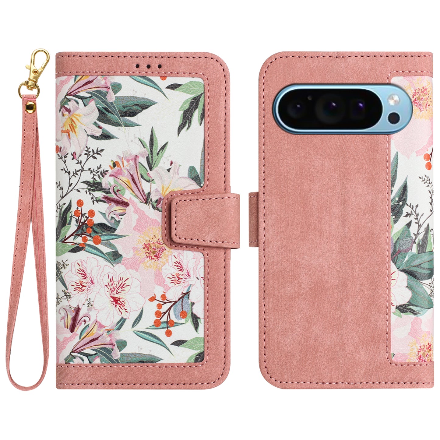 For Google Pixel 9 Phone Cover Flower Pattern PU Leather Case with Card Holder and Stand - Pink