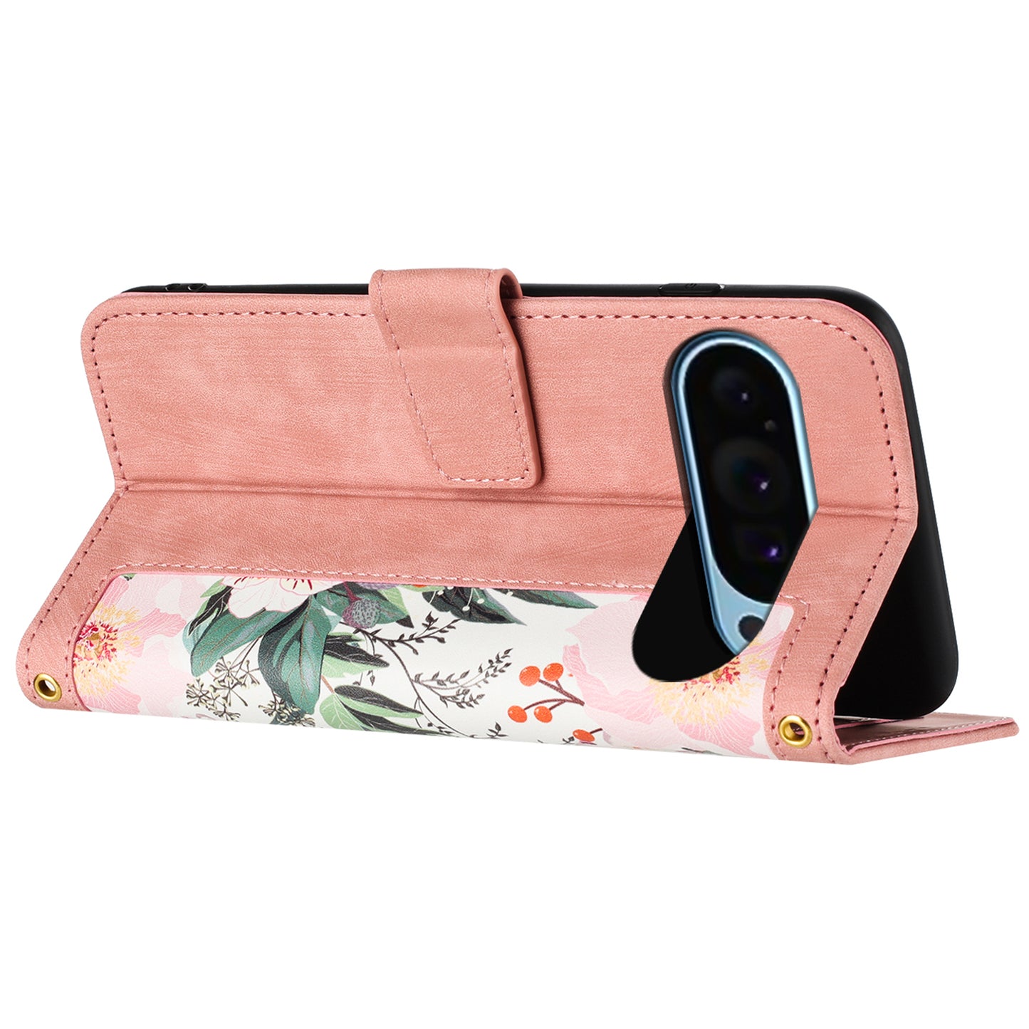 For Google Pixel 9 Phone Cover Flower Pattern PU Leather Case with Card Holder and Stand - Pink