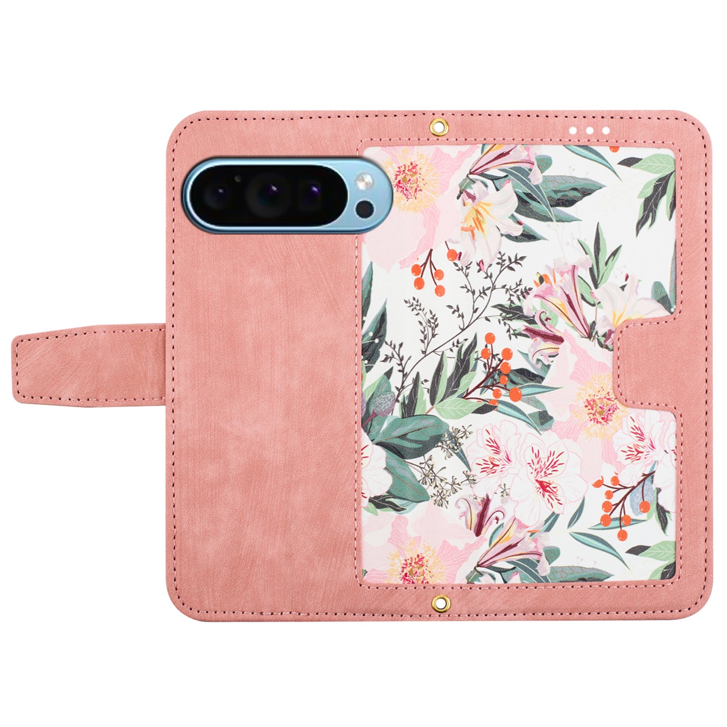 For Google Pixel 9 Phone Cover Flower Pattern PU Leather Case with Card Holder and Stand - Pink
