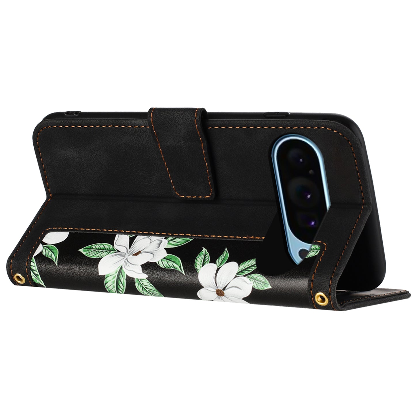 For Google Pixel 9 Phone Cover Flower Pattern PU Leather Case with Card Holder and Stand - Black